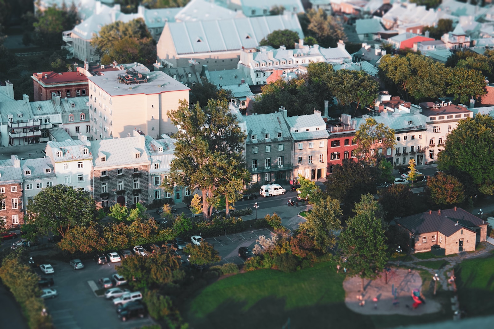 aerial view of green trees and white buildings during daytime